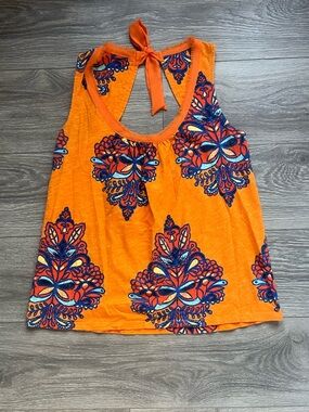Akemi + Kin Anthropologie Orange Blue Round Neck Tie Trapeze Sleeveless Top M